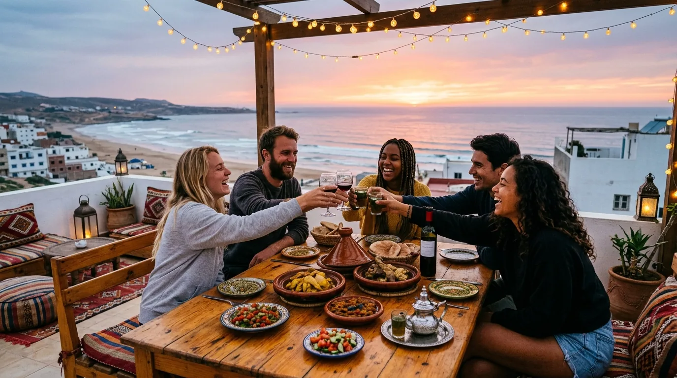 Communal Moroccan dinner table on Tamraght rooftop