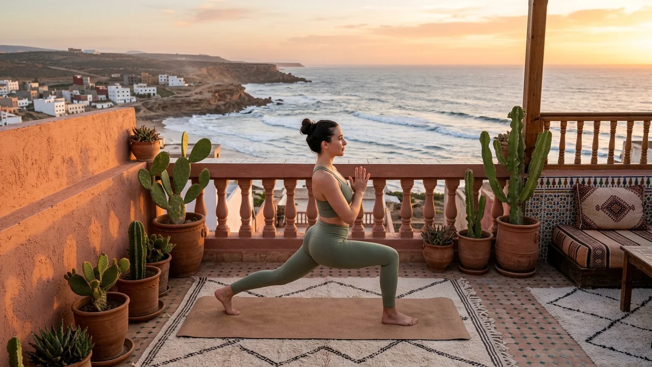 Sunrise rooftop yoga at Wellen Maroc Surf Riad