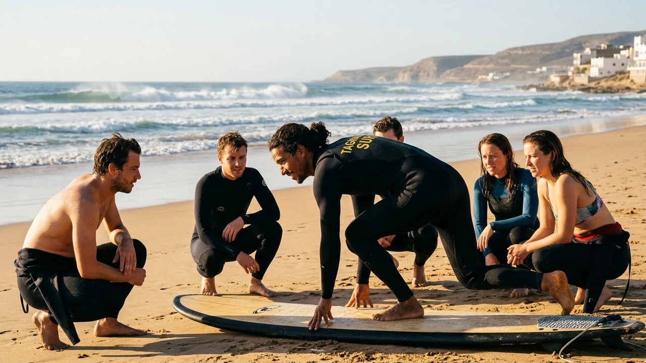 Moroccan surf coach pop-up demonstration on golden beach sand at Wellen Maroc Surf