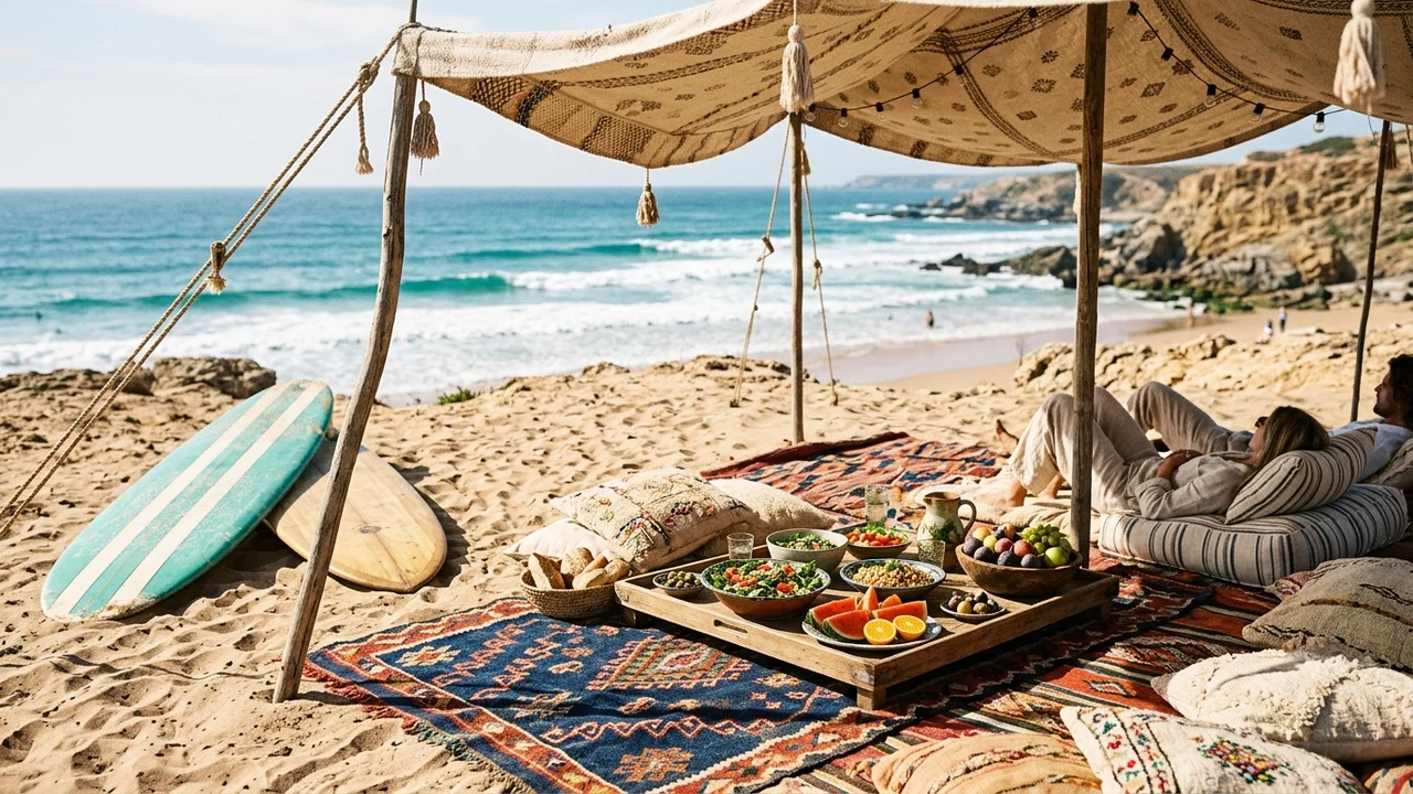 Beachside bohemian shade picnic on Moroccan coastline at Wellen Maroc Surf