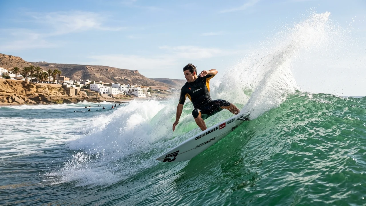 Surfer carving wave face during free surf session in Taghazout at Wellen Maroc Surf