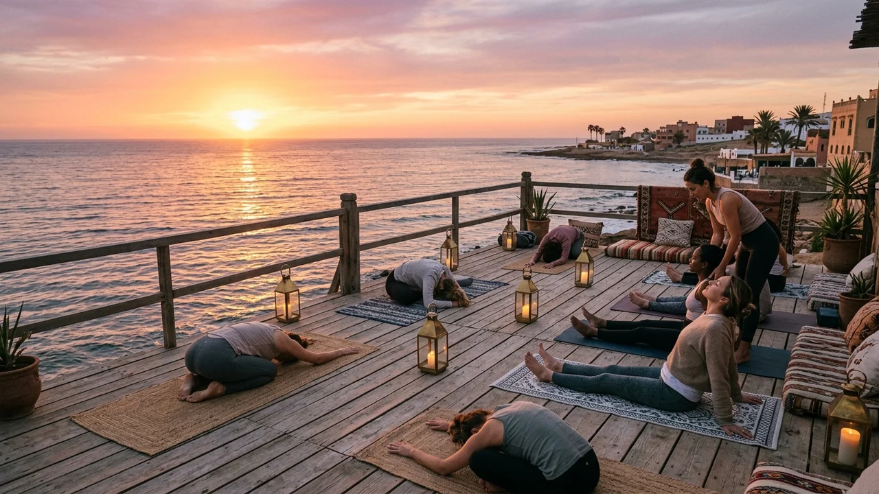 Restorative sunset yoga and mobility stretch on seaside wooden deck at Wellen Maroc Surf